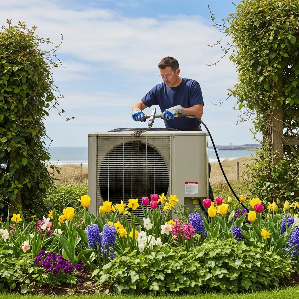 Technician performing seasonal heat pump maintenance in a coastal setting to preserve efficiency