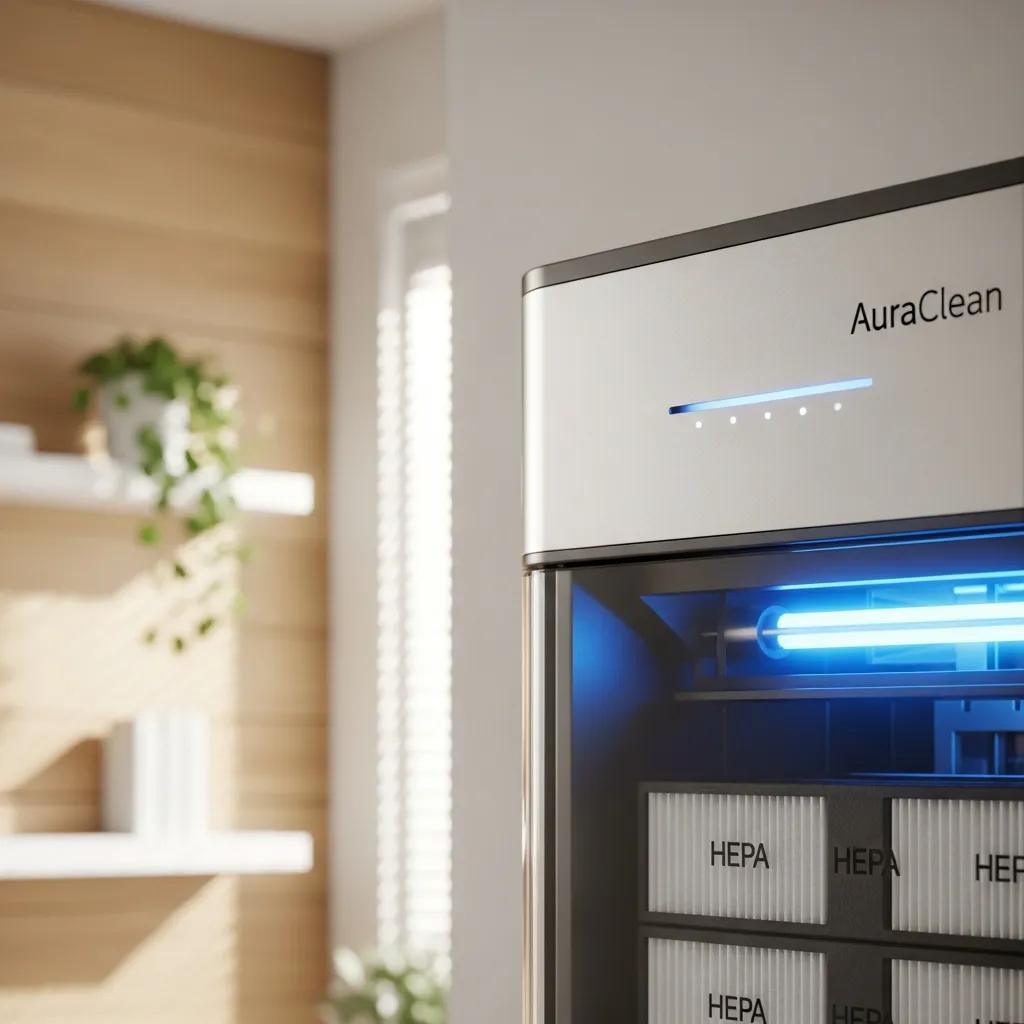 Whole-house air purifier components including HEPA filter and UV light in a home setting
