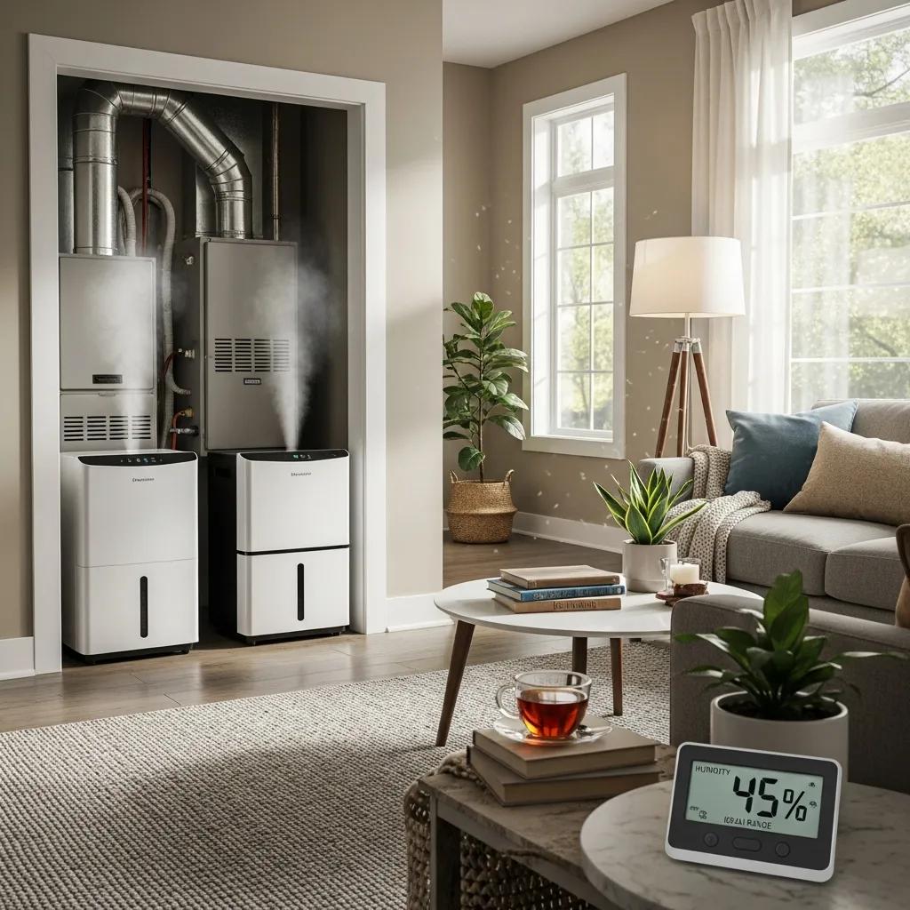Whole-house humidifier and dehumidifier installed near HVAC equipment with hygrometer
