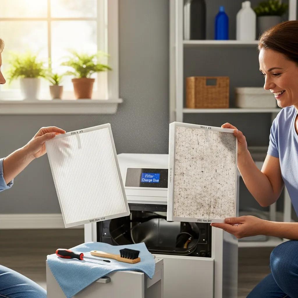 Homeowner changing air filters in a heat pump system