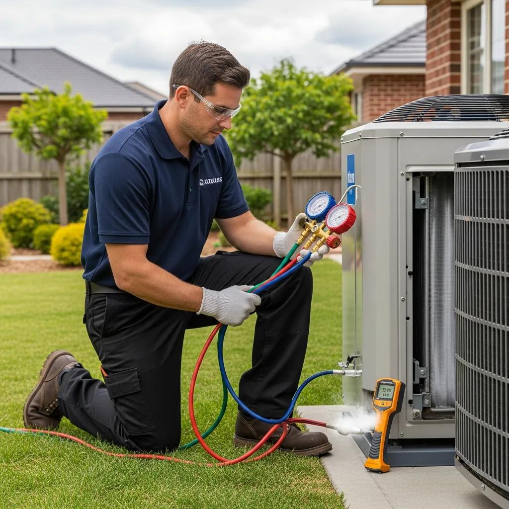 Technician inspecting a heat pump for common efficiency problems
