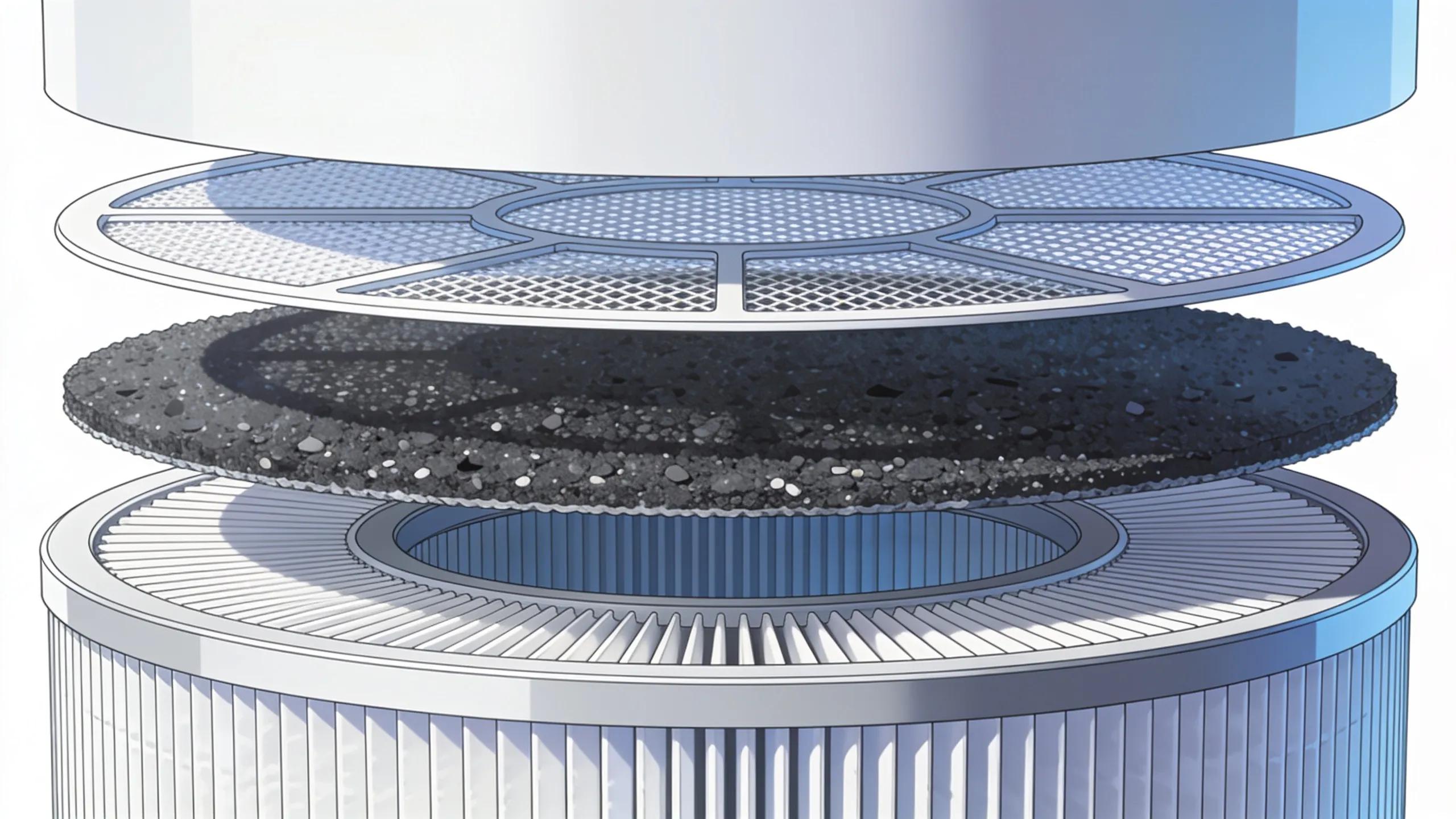 Layered view of a multi-stage air filtration system showcasing benefits for allergy relief