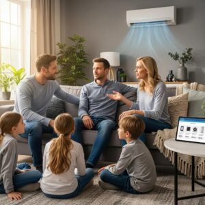 family discussing hvac financing options in a cozy living room efa b b baead