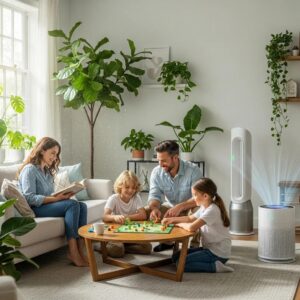 Family enjoying clean air in a bright living room with air purification systems