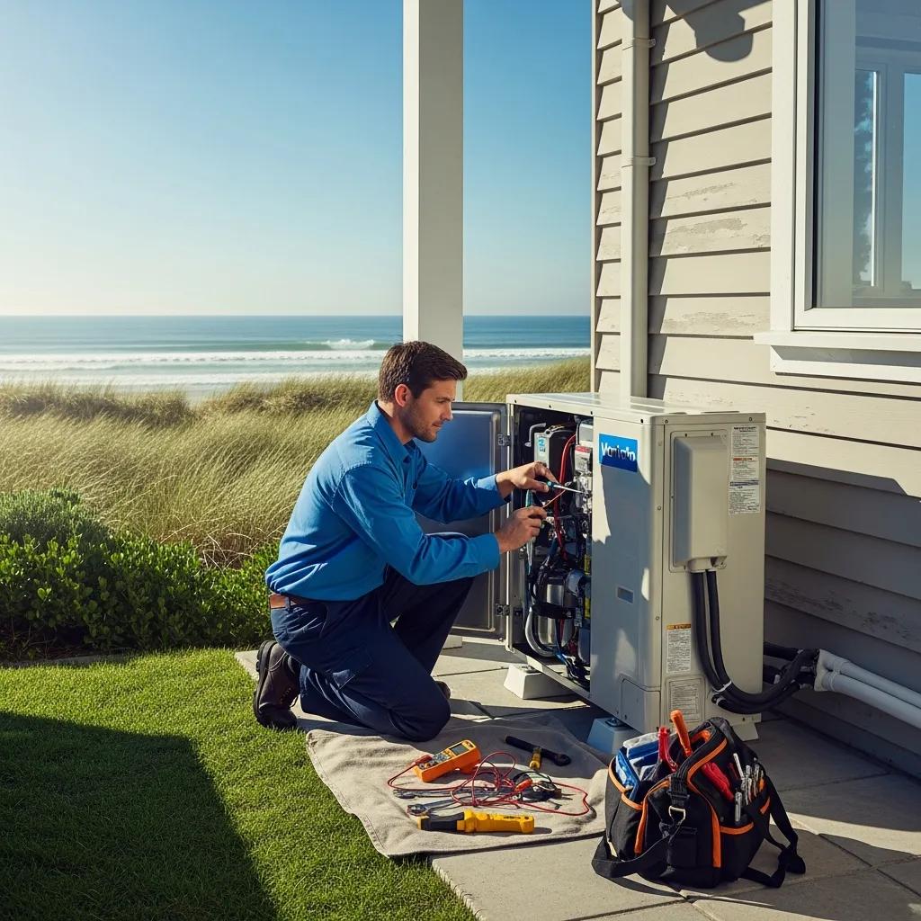 HVAC Blog 3 Technician performing heat pump maintenance in a coastal home, emphasizing energy efficiency